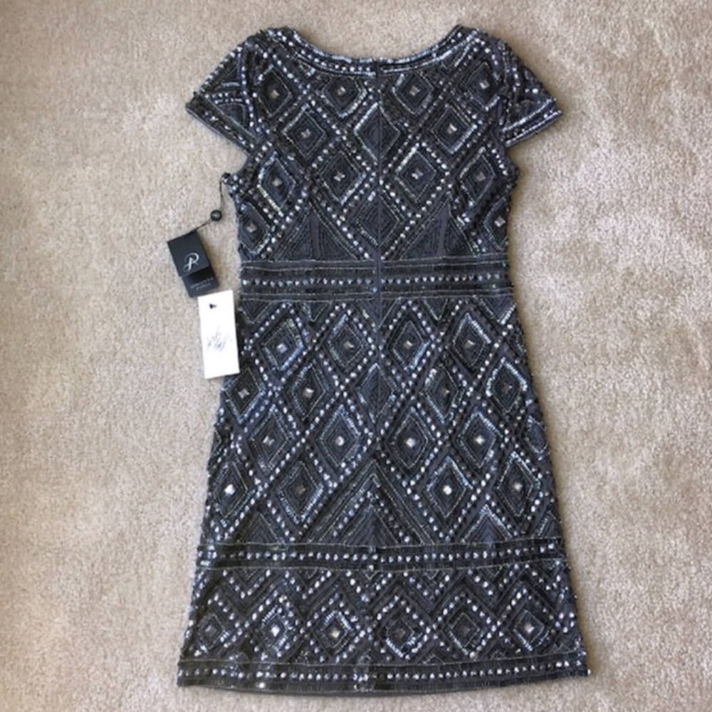 “Adrianna Papell” Cap Sleeve Geo Bead Sheath Dress - Picture 4 of 7